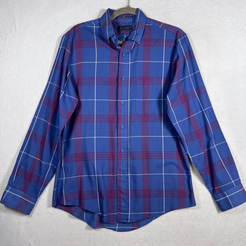 Vintage Levis Mens Medium Plaid Button Down Shirtā Blue Long Sleeve Cotton Blend